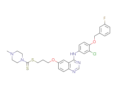 Molecular Structure of 1259017-44-1 (3-(4-(3-chloro-4-(3-fluorobenzyloxy)phenylamino)quinazolin-6-yloxy)propyl 4-methylpiperazine-1-carbodithioate)