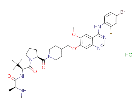 (S)-N-((S)-1-((S)-2-(4-((4-bromo-2-fluorophenylamino)-6-methoxyquinazolinyl-7-oxy)methyl)piperidine)-1-carbonyl)-1-((pyrrolidinyl)-3,3-dimethyloxobutan-2-yl)-2-(methylamino)propanamide hydrochloride