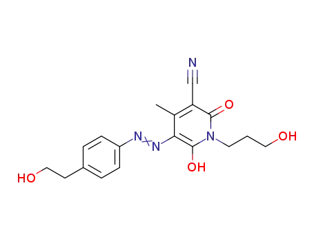 Molecular Structure of 1357264-73-3 (2-hydroxy-3-[4-(2-hydroxyethyl)-phenylazo]-1-(3-hydroxypropyl)-4-methyl-2-oxo-1,6-dihydropyridine-5-carbonitrile)