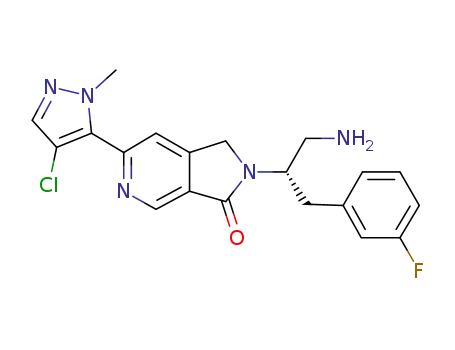 Molecular Structure of 1430057-35-4 (2-[(1S)-2-amino-1-(3-fluorobenzyl)ethyl]-6-(4-chloro-1-methyl-1H-pyrazol-5-yl)-1,2-dihydro-3H-pyrrolo[3,4-c]pyridin-3-one)