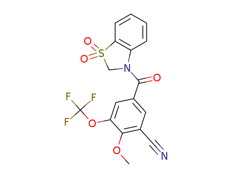Molecular Structure of 1285576-15-9 (3-(3-cyano-4-methoxy-5-trifluoromethoxybenzoyl)-1,1-dioxo-2,3-dihydro-1,3-benzothiazole)