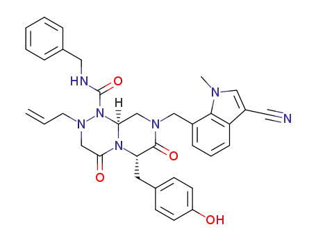 Molecular Structure of 1373137-81-5 ((6S,9aS)-2-allyl-N-benzyl-8-((3-cyano-1-methyl-1H-indol-7-yl)methyl)-6-(4-hydroxybenzyl)-4,7-dioxooctahydro-1H-pyrazino[2,1-c][1,2,4]-triazine-1-carboxamide)
