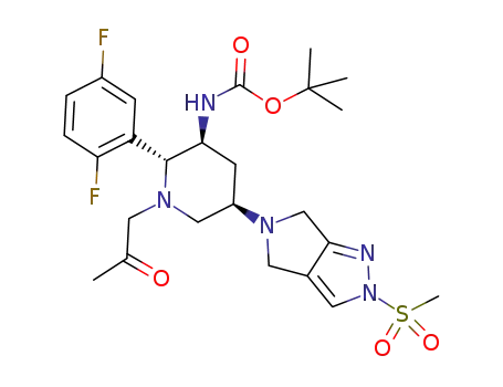 Molecular Structure of 1280211-05-3 (tert-butyl [(2R,3S,5R)-2-(2,5-difiuorophenyl)-5-[2-(methylsulfonyl)-2,6-dihydropyrrolo[3,4-c]pyrazol-5(4H)-yl]-1-(2-oxopropyl)piperidin-3-yl]carbamate)