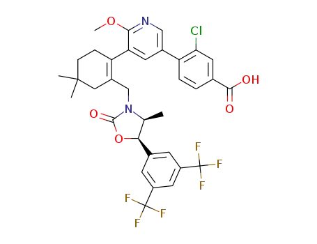 Molecular Structure of 1621254-24-7 (4-(3-(2-(((4S,5R)-5-(3,5-bis(trifluoromethyl)phenyl)-4-methyl-2-oxooxazolidin-3-yl)methyl)-4,4-dimethylcyclohex-1-enyl)-2-methoxypyridin-5-yl)-3-chlorobenzoic acid)