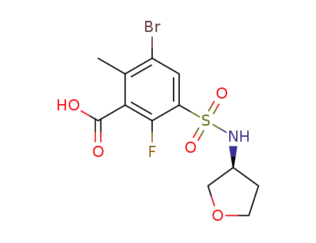 Molecular Structure of 1572516-12-1 (5-bromo-2-fluoro-6-methyl-3-[[(3S)-tetrahydrofuran-3-yl]sulfamoyl]benzoic acid)