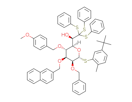(2-methyl-5-tert-butylphenyl) 2-O-benzyl-4-O-(p-methoxybenzyl)-3-O-(2-naphthalenyl-methyl)-7-S-tris(thiophenol)-l-glycero-1-thia-α-D-thiomannoheptopyranoside