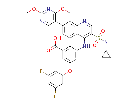 Molecular Structure of 1445879-21-9 (3-((3-(N-cyclopropylsulfamoyl)-7-(2,4-dimethoxypyrimidin-5-yl)quinolin-4-yl)amino)-5-(3,5-difluorophenoxy)benzoic acid)