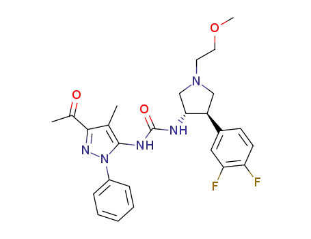 Molecular Structure of 1610373-94-8 (1-(3-acetyl-4-methyl-1-phenyl-1H-pyrazol-5-yl)-3-((3S,4R)-4-(3,4-difluorophenyl)-1-(2-methoxyethyl)pyrrolidin-3-yl)urea)