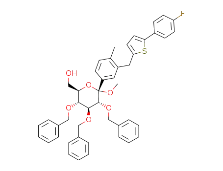 Molecular Structure of 1358581-43-7 ([(2R,3R,4S,5R,6S)-3,4,5-tribenzyloxy-6-[3-[[5-(4-fluorophenyl)-2-thienyl]methyl]-4-methyl-phenyl]-6-methoxy-tetrahydropyran-2-yl]methanol)