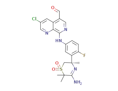 Molecular Structure of 1600512-92-2 ((R)-8-((3-(5-amino-3,6,6-trimethyl-1,1-dioxido-3,6-dihydro-2H-1,4-thiazin-3-yl)-4-fluorophenyl)-amino)-3-chloro-1,7-naphthyridine-5-carbaldehyde)