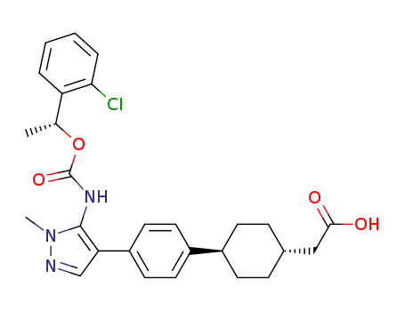 Molecular Structure of 1402465-18-2 (2-((1r,4r)-4-(4-(5-(((R)-1-(2-chlorophenyl)ethoxy)carbonylamino)-1-methyl-1H-pyrazol-4-yl)phenyl)cyclohexyl)acetic acid)