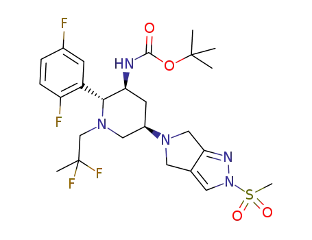 Molecular Structure of 1280211-06-4 (tert-butyl {(2R,3S,5R)-2-(2,5-difiuorophenyl)-1-(2,2-difluoropropyl)-5-[2-(methylsulfonyl)-2,6-dihydropyrrolo[3,4-c]pyrazol-5(4H)-yl]piperidin-3-yl}carbamate bis(trifluoroacetic acid salt))