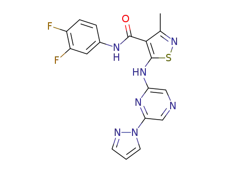 Molecular Structure of 1621366-82-2 (N-(3,4-difluorophenyl)-3-methyl-5-{[6-(1H-pyrazol-1-yl)pyrazin-2-yl]amino}-1,2-thiazole-4-carboxamide)