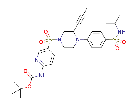 Molecular Structure of 1572928-53-0 (tert-butyl (5-((4-(4-((1-methylethyl)sulfamoyl)phenyl)-3-(1-propyn-1-yl)-1-piperazinyl)sulfonyl)-2-pyridinyl)carbamate)
