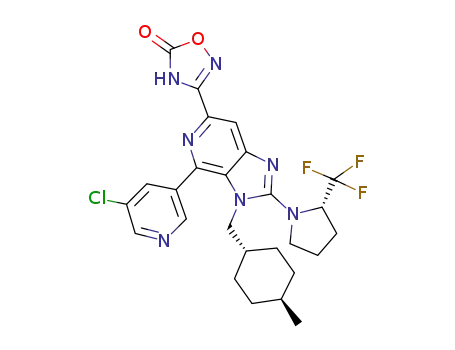 Molecular Structure of 1616428-81-9 (3-(4-(5-chloropyridin-3-yl)-3-(((trans)-4-methylcyclohexyl)methyl)-2-((S)-2-(trifluoromethyl)pyrrolidin-1-yl)-3H-imidazo[4,5-c]pyridin-6-yl)-1,2,4-oxadiazol-5(4H)-one)