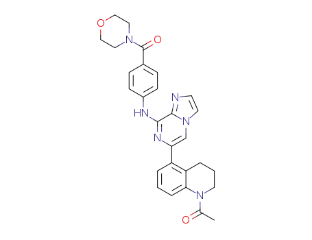 Molecular Structure of 1622173-42-5 (1-(5-(8-((4-(morpholine-4-carbonyl)phenyl)amino)imidazo[1,2-a]pyrazin-6-yl)-3,4-dihydroquinolin-1(2H)-yl)ethanone)