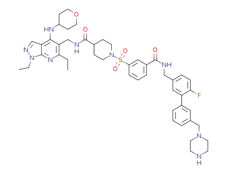 N-{[1,6-diethyl-4-(tetrahydro-2H-pyran-4-ylamino)-1H-pyrazolo[3,4-b]pyridin-5-yl]methyl}-1-({3-[({[6-fluoro-3'-(1-piperazinylmethyl)-3-biphenylyl]methyl}amino)carbonyl]phenyl}sulfonyl)-4-piperidinecarboxamide