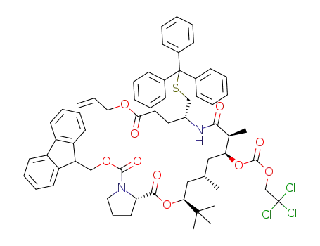 Molecular Structure of 1585181-34-5 (pyrrolidine-1,2-dicarboxylic acid (2S)-2-{(1S,3S,5S,6S)-6-[(1R)-3-allyloxycarbonyl-1-[(triphenylmethylthio)methyl]propylcarbamoyl]-1-tert-butyl-3-methyl-5-(2,2,2-trichloroethoxycarbonyloxy)hept-1-yl}ester 1-(9H-fluoren-9-ylmethyl)ester)