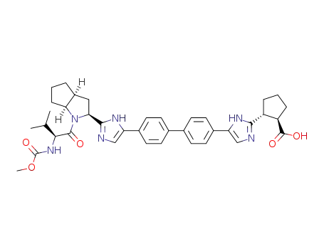 Molecular Structure of 1445590-85-1 ((1R,2R)-2-(5-(4’-(2-((2S,3aS,6aS)-1-((S)-2-((methoxycarbonyl)amino)-3-methylbutanoyl)octahydrocyclopenta[b]pyrrol-2-yl)-1H-imidazol-5-yl)-[1,1‘-biphenyl]-4-yl)-1H-imidazol-2-yl)cyclopentanecarboxylic acid)