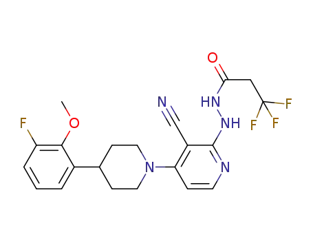 Molecular Structure of 1403598-33-3 (N'-{3-cyano-4-[4-(3-fluoro-2-methoxyphenyl)piperidin-1-yl]-pyridin-2-yl}-3,3,3-trifluoropropanehydrazide)