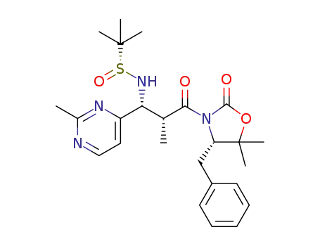 Molecular Structure of 1421236-88-5 ((R)-N-((1R,2R)-3-((S)-4-benzyl-5,5-dimethyl-2-oxooxazolidin-3-yl)-2-methyl-1-(2-methylpyrimidin-4-yl)-3-oxopropyl)-2-methylpropane-2-sulfinamide)
