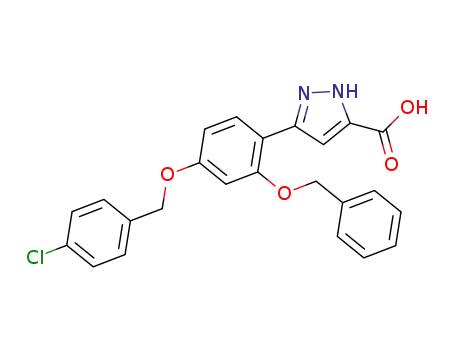 Molecular Structure of 821780-20-5 (1H-Pyrazole-3-carboxylic acid,
5-[4-[(4-chlorophenyl)methoxy]-2-(phenylmethoxy)phenyl]-)