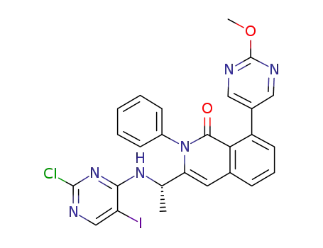 Molecular Structure of 1425044-57-0 ((S)-3-(1-((2-chloro-5-iodopyrimidin-4-yl)amino)ethyl)-8-(2-methoxypyrimidin-5-yl)-2-phenylisoquinolin-1(2H)-one)