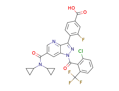 4-(1-(2-chloro-6-(trifluoromethyl)benzoyl)-6-(dicyclopropylcarbamoyl)-1H-pyrazolo[4,3-b]pyridin-3-yl)-3-fluorobenzoic acid