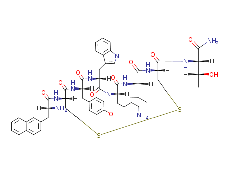 Lanreotide; Angiopeptin; 3-(2-Naphthalenyl)-D-alanyl-L-cysteinyl-L-tyrosyl-D-tryptophyl-L-lysyl-L-valyl-L-cysteinyl-L-threoninamide cyclic (2-7)-disulfide; 127984-74-1