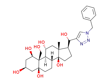 Molecular Structure of 1526915-29-6 ((1R,3S,5S,10R,11R,13R,14S,17S)-17-((1-benzyl-11'-1,2,3-triazol-4-yl)(hydroxy)methyl)-10-(hydroxymethyl)-13-methylhexadecahydro-1H-cyclopenta[a]phenanthrene-1,3,5,11,14-pentaol)