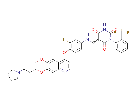 Molecular Structure of 1566577-73-8 (1-(2-trifluoromethylphenyl)-5-((3-fluoro-4-(6-methoxy-7-(3-(pyrrolidin-1-yl)propoxy)quinolin-4-oxy)phenylamino)methylene)pyrimidine-2,4,6(1H,3H,5H)-trione)