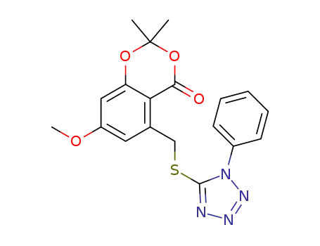 Molecular Structure of 1628535-40-9 (7-methoxy-2,2-dimethyl-5-((1-phenyl-1H-tetrazol-5-ylthio)-methyl)-4H-benzo[d][1,3]dioxin-4-one)
