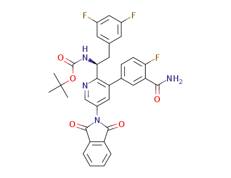 Molecular Structure of 1620056-35-0 ((S)-tert-butyl 1-(3-(3-carbamoyl-4-fluorophenyl)-5-(1,3-dioxoisoindolin-2-yl)pyridin-2-yl)-2-(3,5-difluorophenyl)ethylcarbamate)