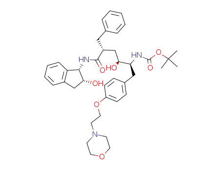 Molecular Structure of 138483-72-4 (N-(2(R)-hydroxy-1(S)-indanyl)-5(S)-<(tert-butyloxycarbonyl)amino>-4(S)-hydroxy-6-<4-<2-(4-morpholinyl)ethoxy>phenyl>-2(R)-(phenylmethyl)hexanamide)
