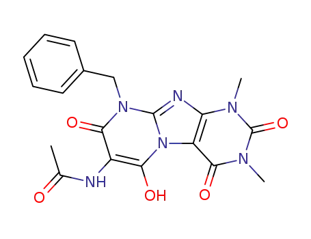 Molecular Structure of 102212-60-2 (Acetamide,  N-[1,2,3,4,8,9-hexahydro-6-hydroxy-1,3-dimethyl-2,4,8-trioxo-9-(phenylmethyl)pyrimido[2,1-f]purin-7-yl]-)