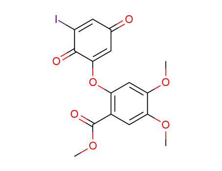 Molecular Structure of 121496-75-1 (2-(5-Iodo-3,6-dioxo-cyclohexa-1,4-dienyloxy)-4,5-dimethoxy-benzoic acid methyl ester)