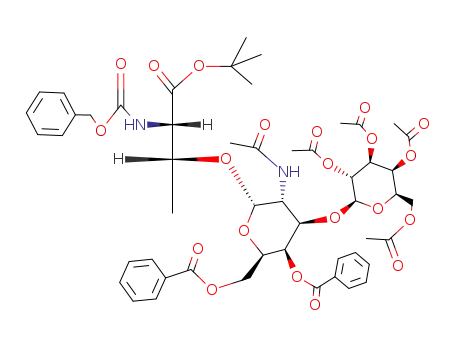 Molecular Structure of 100325-00-6 (N-(Benzyloxycarbonyl)-O-<(2,3,4,6-tetra-O-acetyl-β-D-galactopyranosyl)-(1->3)-O-(2-acetamido-4,6-di-O-benzoyl-2-desoxy-α-D-galactopyranosyl)>-L-threonin-tert-butylester)
