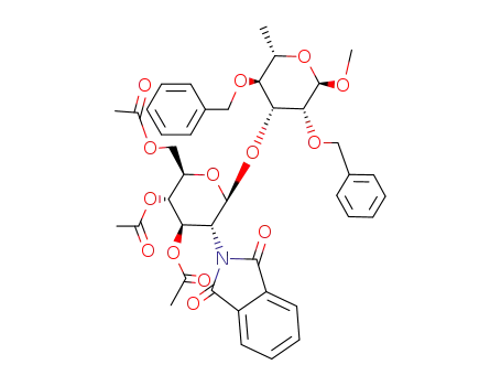 Acetic acid (2R,3S,4R,5R,6S)-3-acetoxy-2-acetoxymethyl-6-((2R,3R,4R,5S,6S)-3,5-bis-benzyloxy-2-methoxy-6-methyl-tetrahydro-pyran-4-yloxy)-5-(1,3-dioxo-1,3-dihydro-isoindol-2-yl)-tetrahydro-pyran-4-yl ester