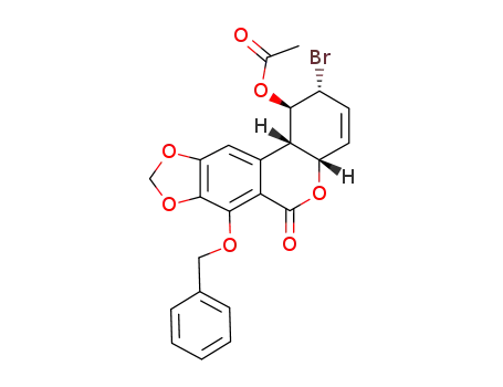Molecular Structure of 120882-49-7 (<(+/-)-(1α,2β,4aα,11bα)>-1,2,4a,11b-Tetrahydro-1-acetoxy-2-bromo-7-(phenylmethoxy)-6H-<1,3>benzodioxolo<5,6-c><1>benzopyran-6-one)