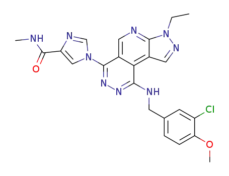 Molecular Structure of 296250-53-8 (1-[9-[[(3-chloro-4-methoxyphenyl)methyl]amino]-3-ethyl-3H-pyrazolo[4',3':5,6]pyrido[3,4-d]pyridazin-6-yl]-N-methyl-1H-imidazole-4-carboxamide)