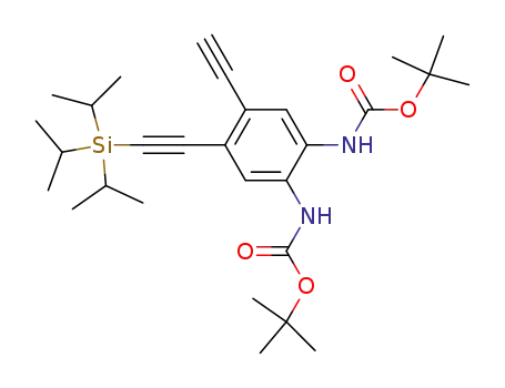 Molecular Structure of 682742-52-5 ({2-<i>tert</i>-butoxycarbonylamino-5-ethynyl-4-[(triisopropylsilanyl)-ethynyl]-phenyl}-carbamic acid <i>tert</i>-butyl ester)