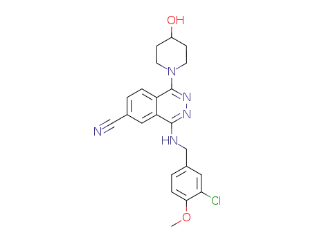 Molecular Structure of 178308-65-1 (6-Phthalazinecarbonitrile,
4-[[(3-chloro-4-methoxyphenyl)methyl]amino]-1-(4-hydroxy-1-piperidinyl)
-)