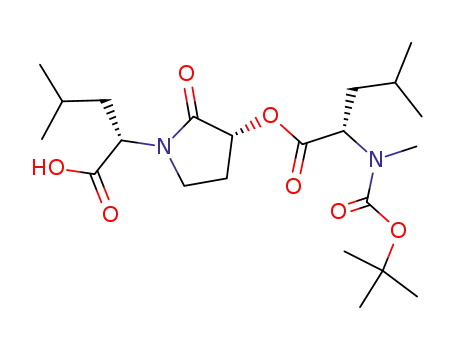Molecular Structure of 188908-74-9 (L-Leucine, N-[(1,1-dimethylethoxy)carbonyl]-N-methyl-,
(3R)-1-[(1S)-1-carboxy-3-methylbutyl]-2-oxo-3-pyrrolidinyl ester)