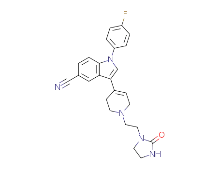 Molecular Structure of 138900-26-2 (1H-Indole-5-carbonitrile,
1-(4-fluorophenyl)-3-[1,2,3,6-tetrahydro-1-[2-(2-oxo-1-imidazolidinyl)eth
yl]-4-pyridinyl]-)