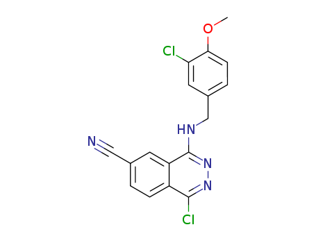 Molecular Structure of 178308-63-9 (6-Phthalazinecarbonitrile,
1-chloro-4-[[(3-chloro-4-methoxyphenyl)methyl]amino]-)