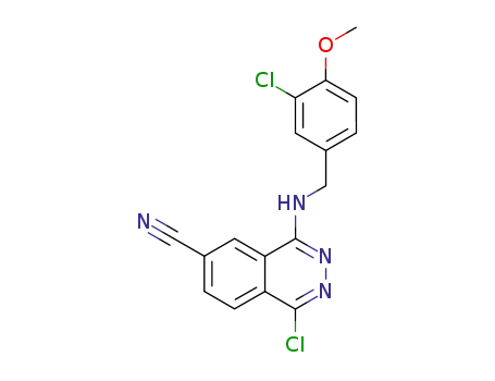 Molecular Structure of 178308-63-9 (6-Phthalazinecarbonitrile,
1-chloro-4-[[(3-chloro-4-methoxyphenyl)methyl]amino]-)