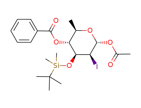 Molecular Structure of 381727-32-8 (acetyl 4-O-benzoyl-3-O-tert-butyldimethylsilyl-2,6-dideoxy-2-iodo-α-D-manno-hexopyranose)