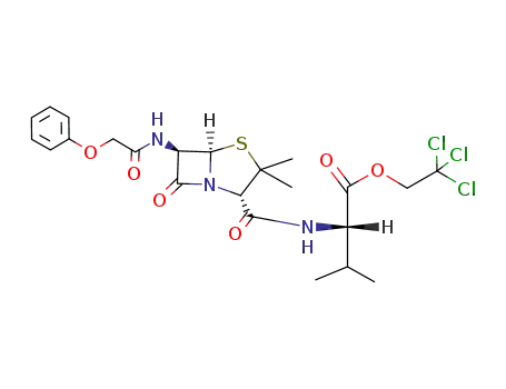 Molecular Structure of 113322-05-7 ((S)-2-{[(2S,5R,6R)-3,3-Dimethyl-7-oxo-6-(2-phenoxy-acetylamino)-4-thia-1-aza-bicyclo[3.2.0]heptane-2-carbonyl]-amino}-3-methyl-butyric acid 2,2,2-trichloro-ethyl ester)