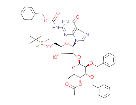 Acetic acid (2S,3R,4R,5S,6S)-4,5-bis-benzyloxy-6-[(2R,3R,4R,5R)-2-(2-benzyloxycarbonylamino-6-oxo-1,6-dihydro-purin-9-yl)-5-(tert-butyl-dimethyl-silanyloxymethyl)-4-hydroxy-tetrahydro-furan-3-yloxy]-2-methyl-tetrahydro-pyran-3-yl ester