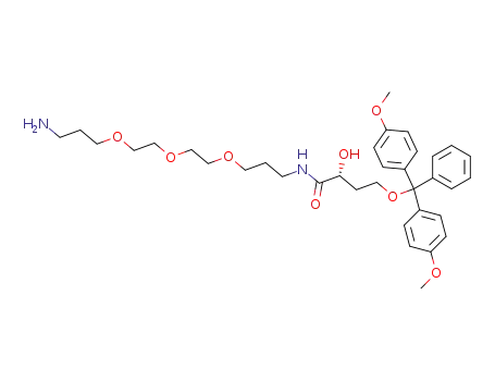 Molecular Structure of 486445-72-1 (Butanamide,
N-[3-[2-[2-(3-aminopropoxy)ethoxy]ethoxy]propyl]-4-[bis(4-methoxyphen
yl)phenylmethoxy]-2-hydroxy-, (2R)-)